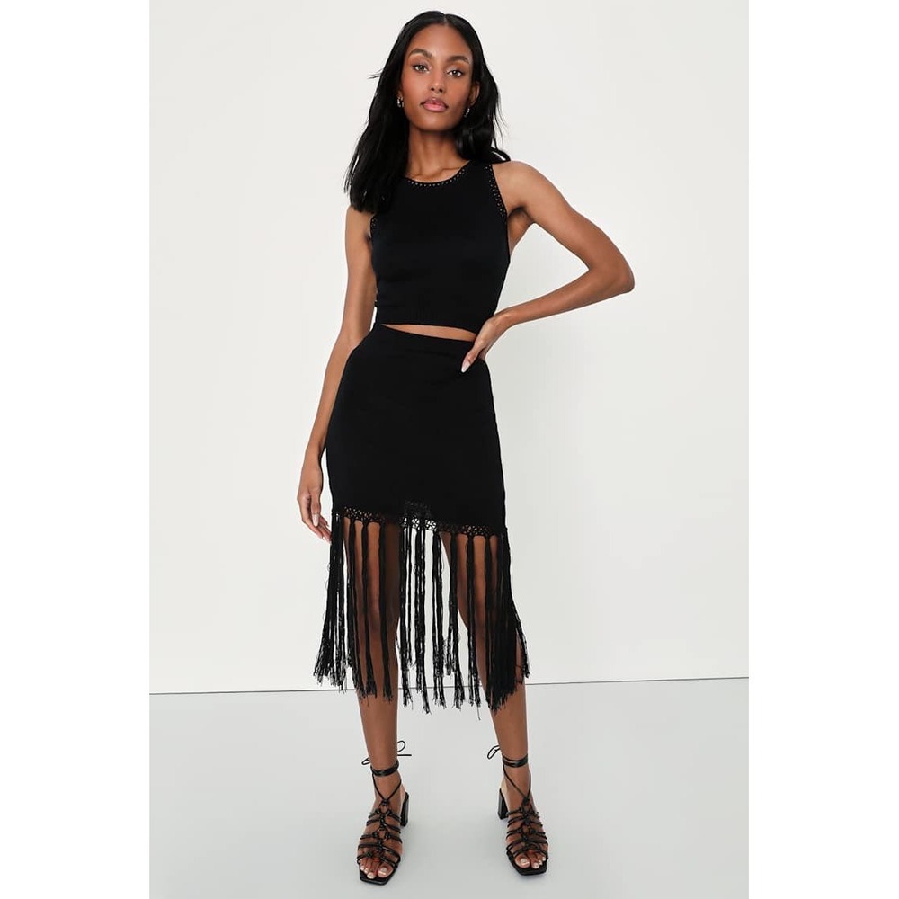 Lulus‎ Morocco Muse Black Crochet Macrame Fringe Midi Skirt Size M Boho Chic NWT